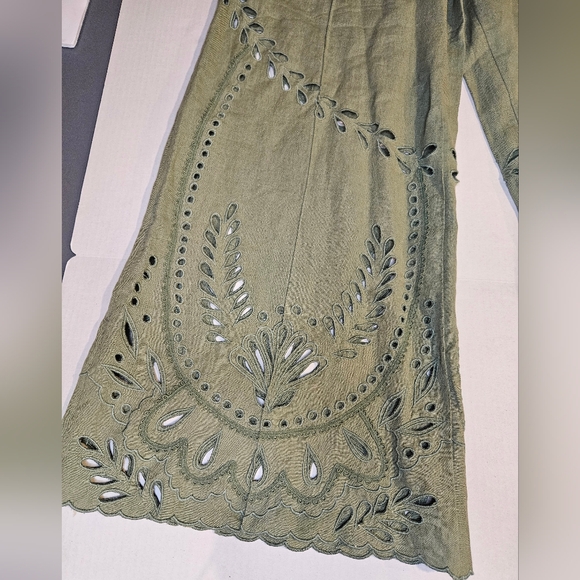 Hemant & Nandita Green Flared Pants W Embroired  Belt Wide Leg W Eyelets Small - Picture 4 of 12